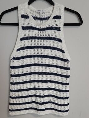 Madewell White and Navy Crochet Stripe Tank
